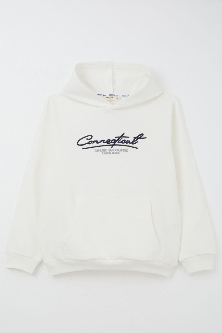 BRE Breeze Boys' Sweatshirt with Hood Kangaroo Pocket Embroidered Writing 4-8 Years, Beige - Miahuatlán de Porfirio Díaz