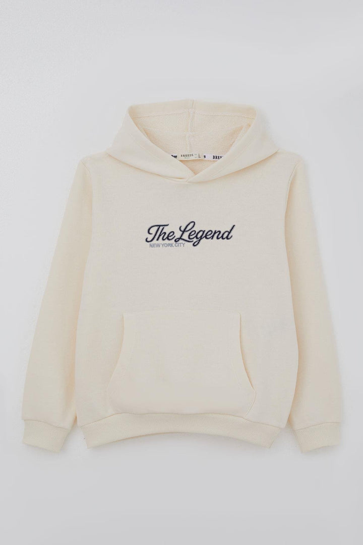BRE Breeze Boys' Sweatshirt with Hood and Embroidered Writing, 4-8 Years, Cream - Ciudad Melchor Múzquiz