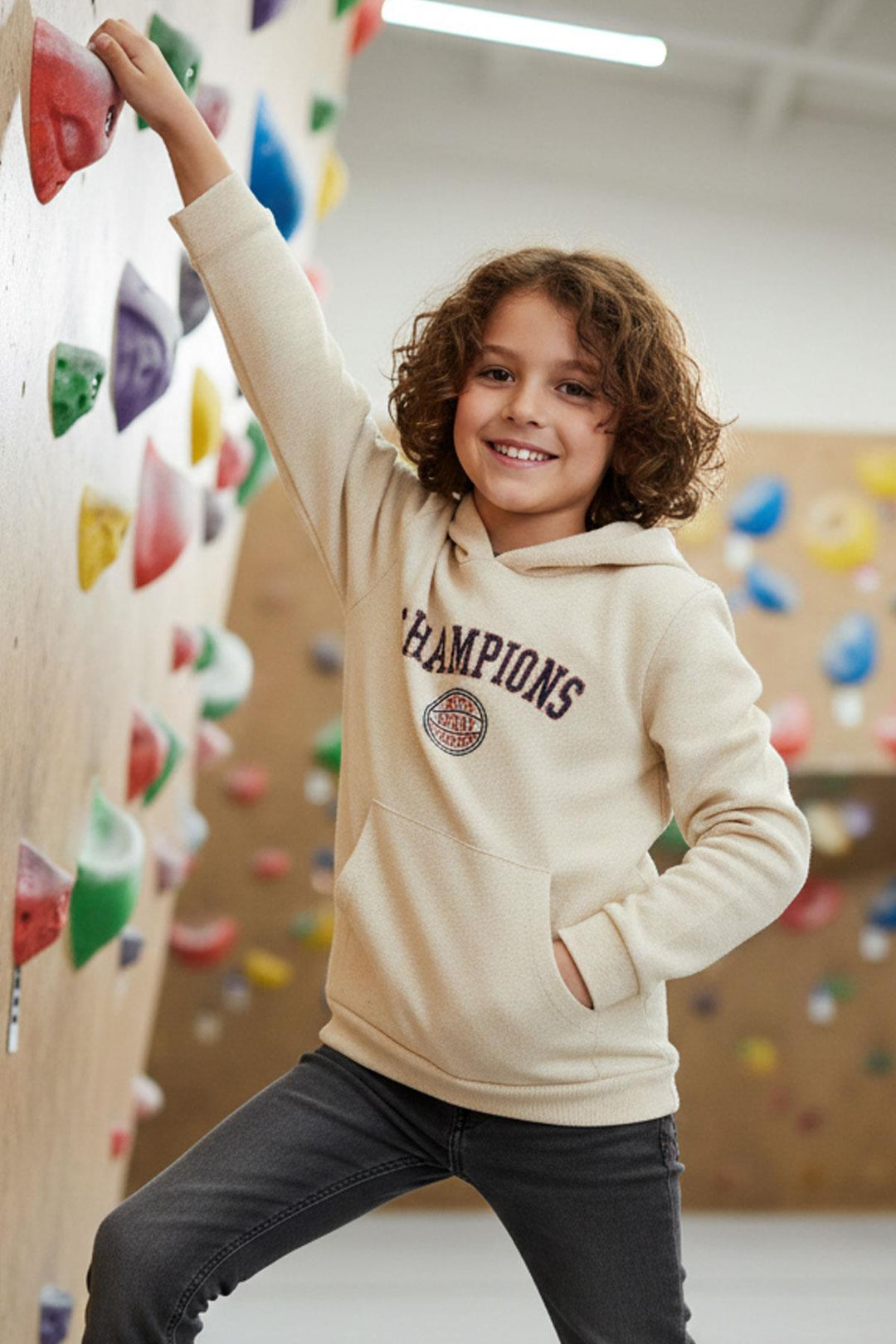 BRE Breeze Erkek Çocuk Sweatshirt Yazı Baskılı Kapüşonlu 4-8 Yaş, Krem - Spokane