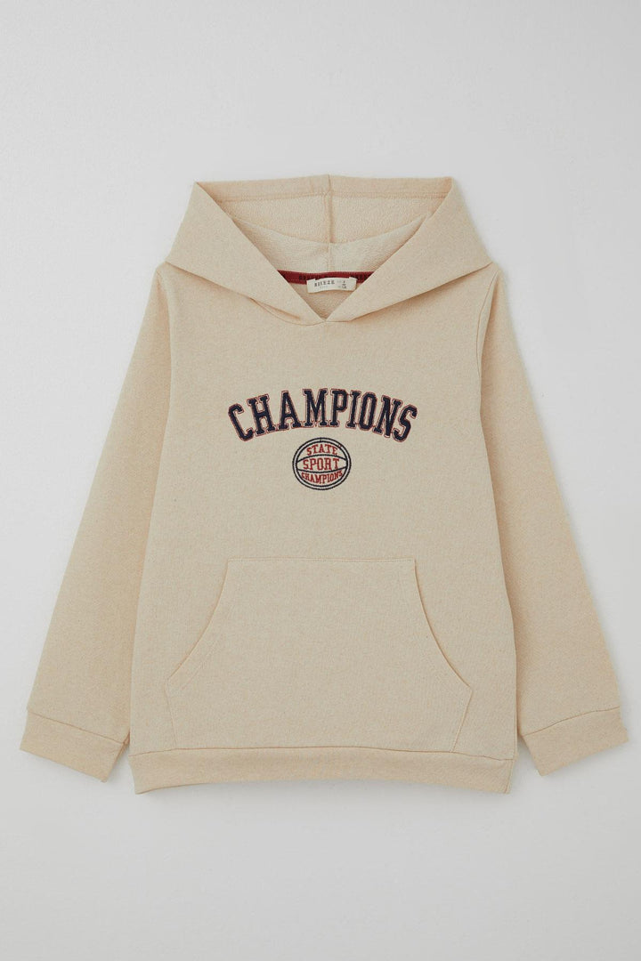 BRE Breeze Erkek Çocuk Sweatshirt Yazı Baskılı Kapüşonlu 4-8 Yaş, Krem - Spokane
