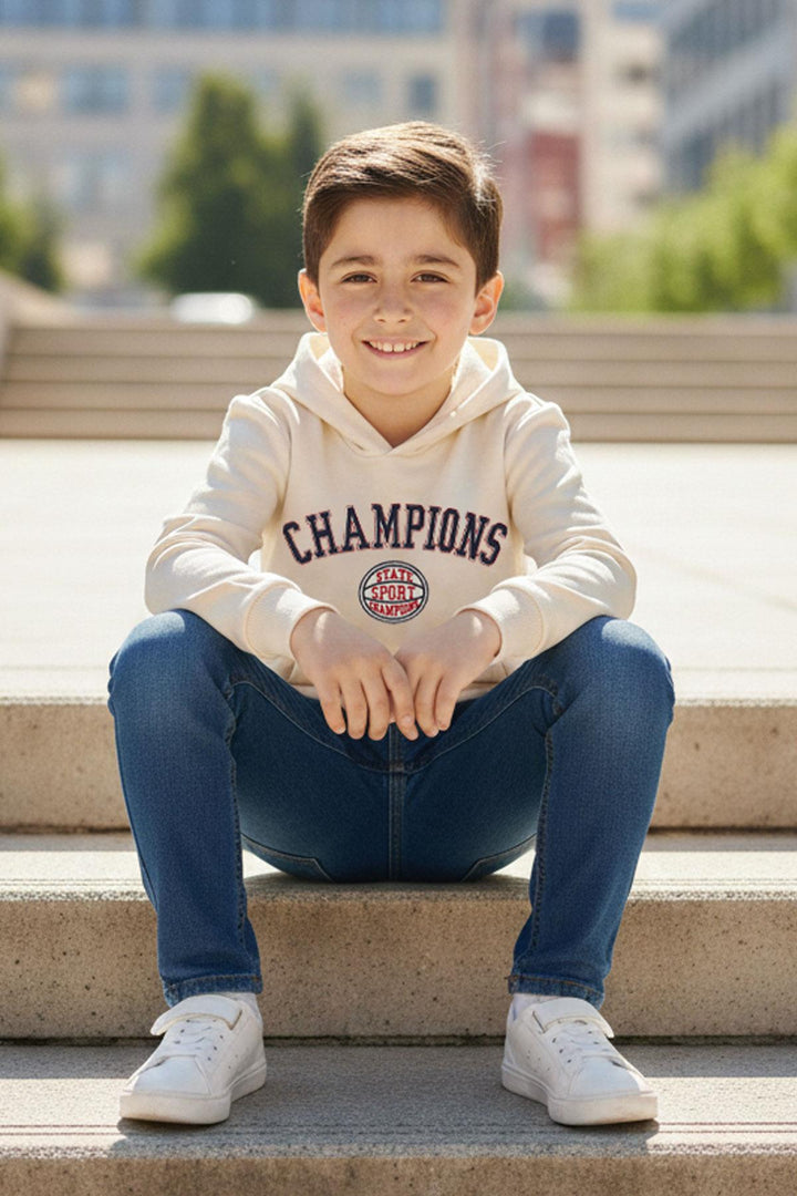 BRE Breeze Erkek Çocuk Sweatshirt Yazı Baskılı Kapüşonlu 4-8 Yaş, Taş - Blois