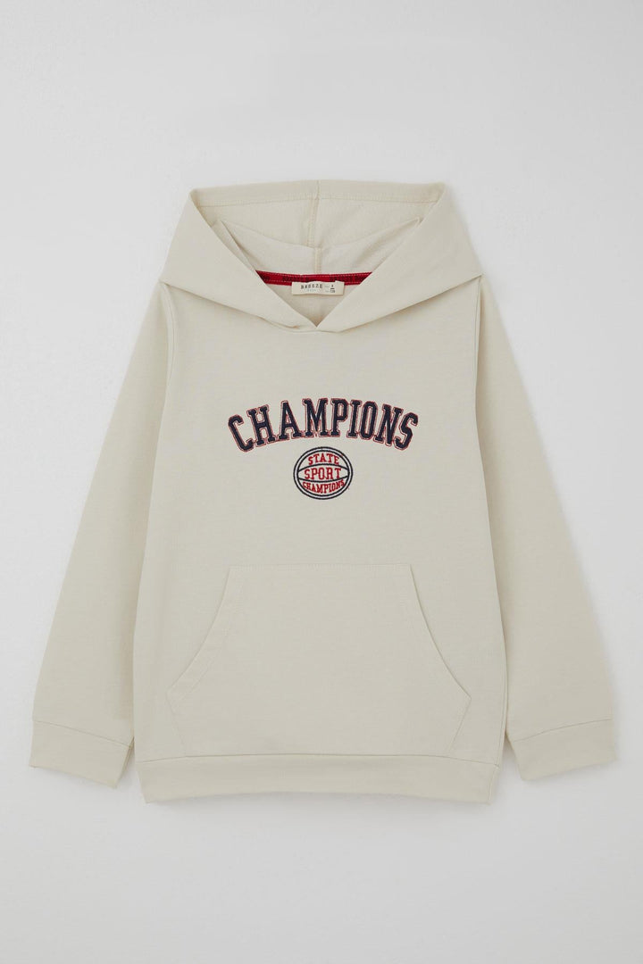 BRE Breeze Erkek Çocuk Sweatshirt Yazı Baskılı Kapüşonlu 4-8 Yaş, Taş - Blois