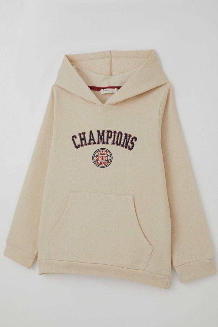 BRE Breeze Erkek Çocuk Sweatshirt Yazı Baskılı Kapüşonlu 4-8 Yaş, Krem - Spokane