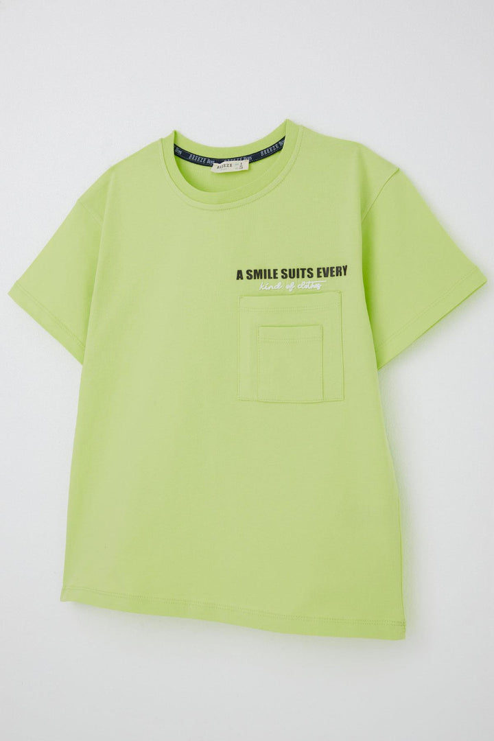 BRE Breeze Boys' T-shirt with Double Pocket Detail Embossed Text Print 62 Years, Pistachio Green - Coeur dAlene