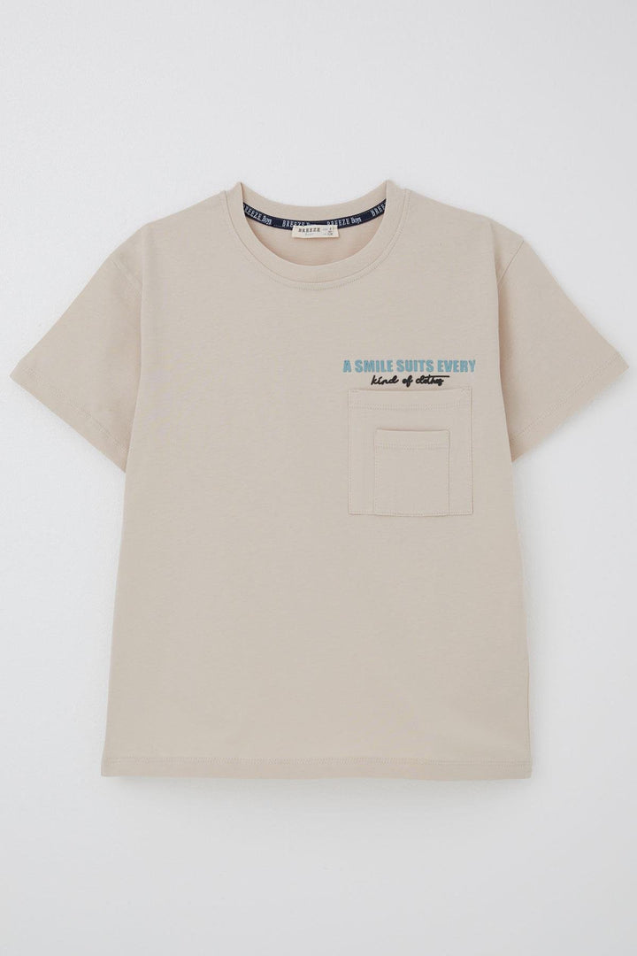 BRE Breeze Boys' T-shirt with Double Pocket Detail Embossed Text Print, 62 Years, Beige - Catford