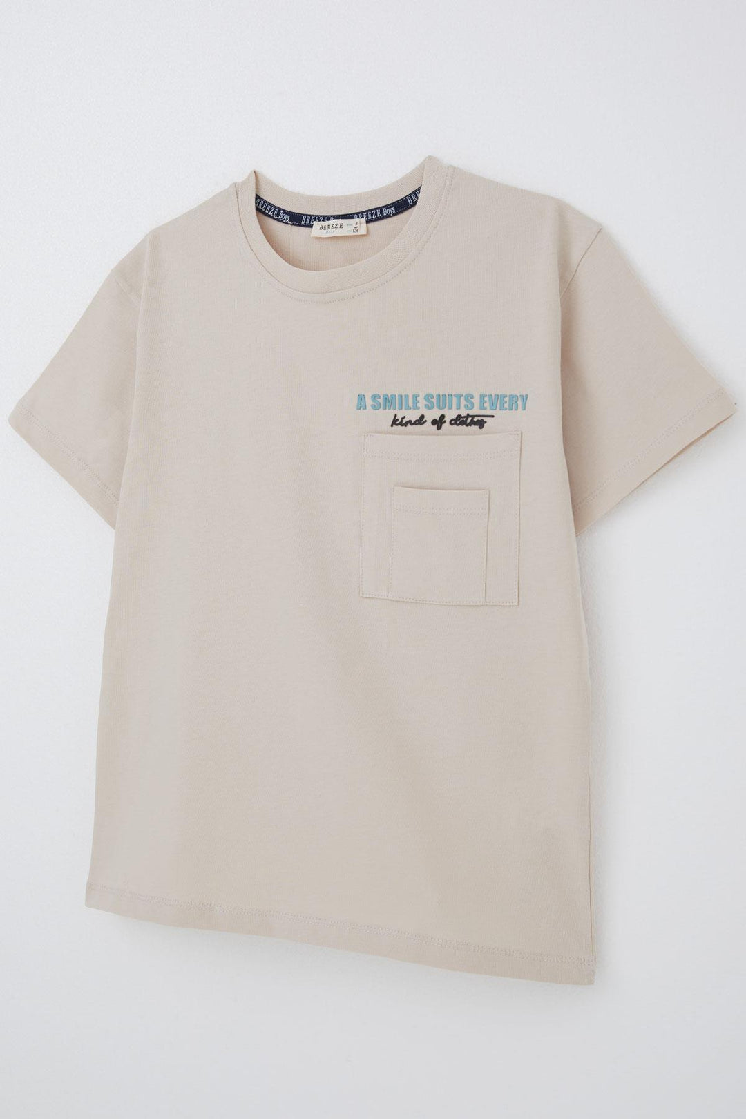 BRE Breeze Boys' T-shirt with Double Pocket Detail Embossed Text Print, 62 Years, Beige - Catford