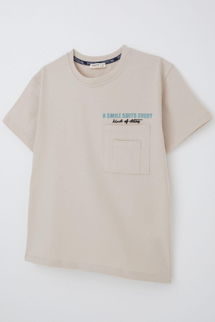 BRE Breeze Boys' T-shirt with Double Pocket Detail Embossed Text Print, 62 Years, Beige - Catford