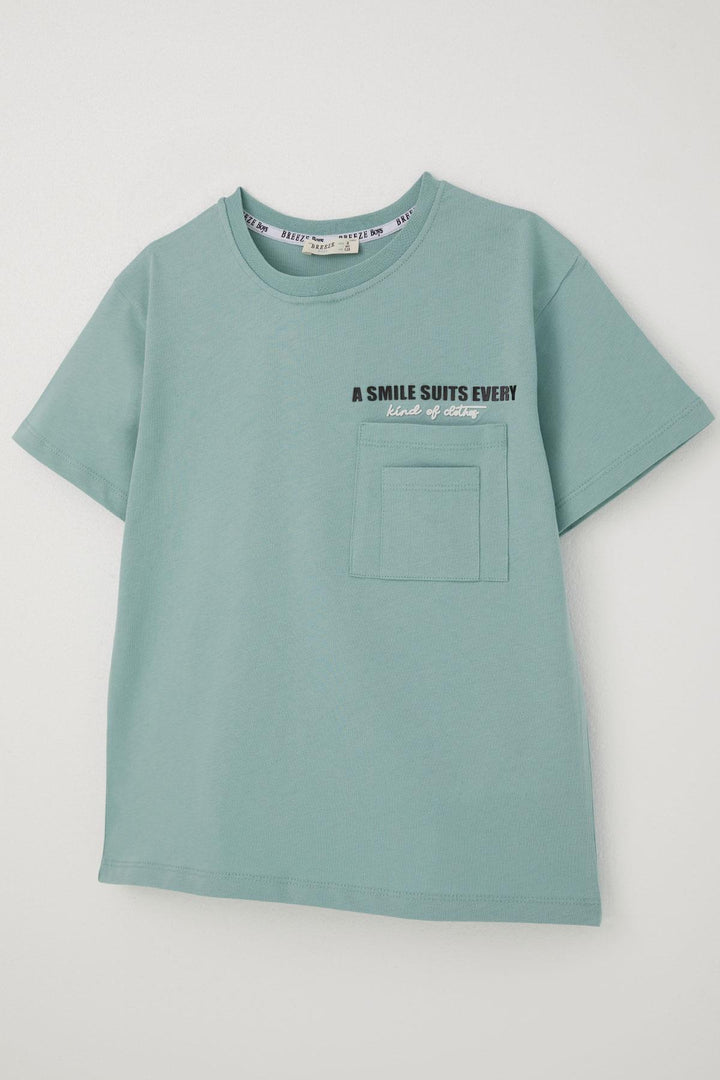 BRE Breeze Boys' T-Shirt with Double Pocket Detail Embossed Text Print, 62 Years, Aqua Green - Rovenky