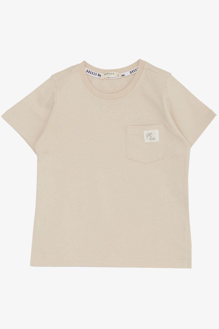 BRE Breeze Boys' T-shirt with Cool Writing, Emblem Pocket, 1.5-5 Years, Beige - Rome