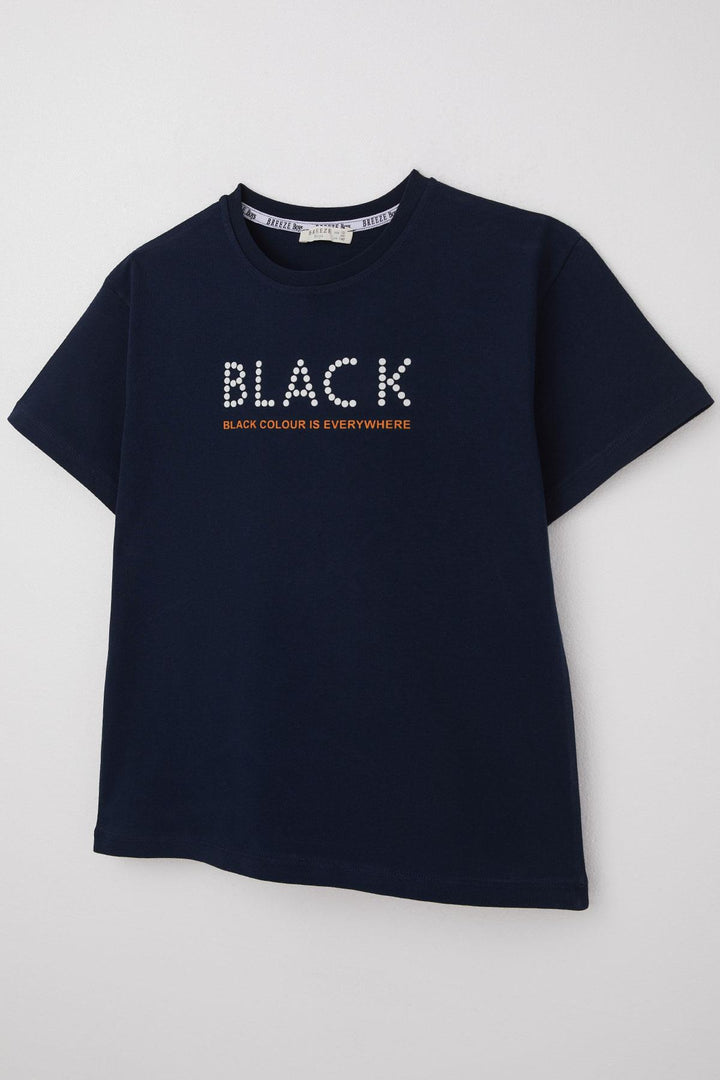 BRE Breeze Boys' T-shirt with Embossed Detail Printed Writing 94 Years, Navy Blue - Galapagar