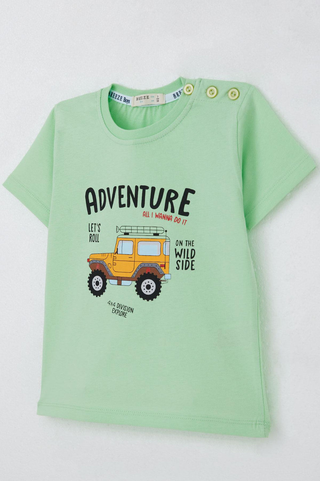 BRE Breeze Erkek Çocuk Tişört Macera Temalı 4X4 Araba Baskılı 2-6 Yaş, Su Yeşili - Thun
