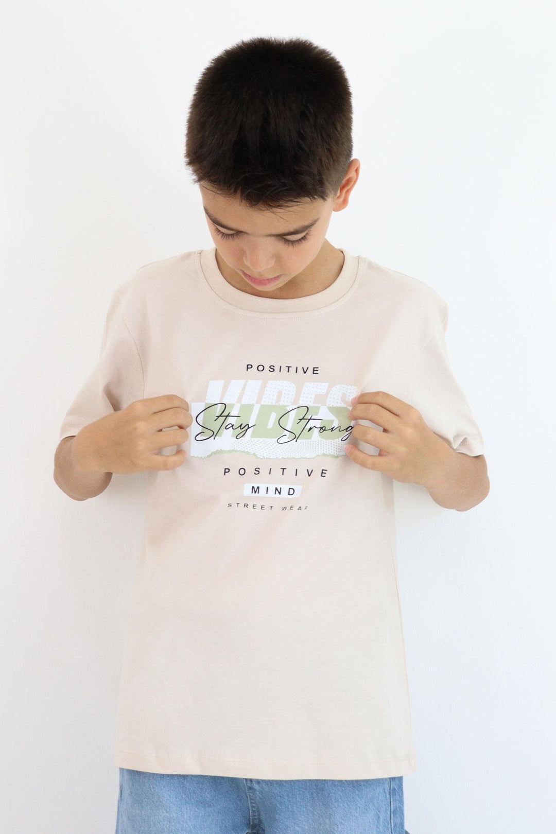 BRE Breeze Erkek Çocuk Tişört Motivasyon Temalı & Sırt Kısmı Yazı Baskı Detaylı 96 Yaş, Bej - Towson