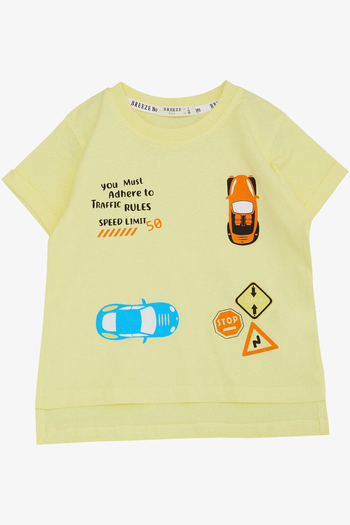 BRE Breeze Boys' T-Shirt with Car Print Slogan Theme, 2-6 Years, Yellow - Cicero