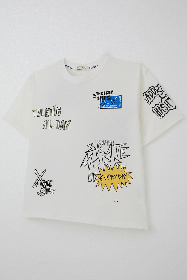 BRE Breeze Boy's T-shirt Technology Themed Printed Text 72 Years, Ecru - Beauvais