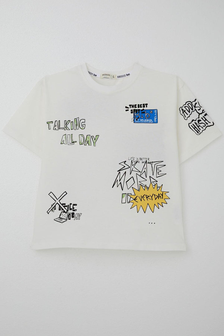 BRE Breeze Boy's T-shirt Technology Themed Printed Text 72 Years, Ecru - Beauvais