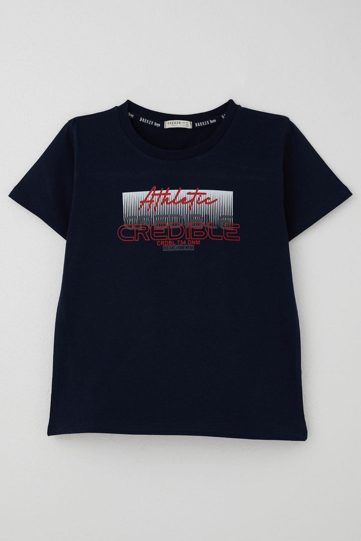 BRE Breeze Boys' T-shirt with Printed Back Detail, Printed Writing, 106 Years, Navy Blue - Chesterfield