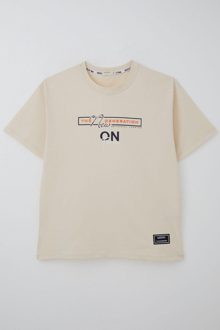 BRE Breeze Boy's T-shirt with Printed Writing and Patch Detail, 94 Years, Cream - Schiltigheim