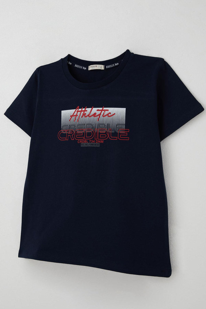 BRE Breeze Boys' T-shirt with Printed Back Detail, Printed Writing, 106 Years, Navy Blue - Chesterfield