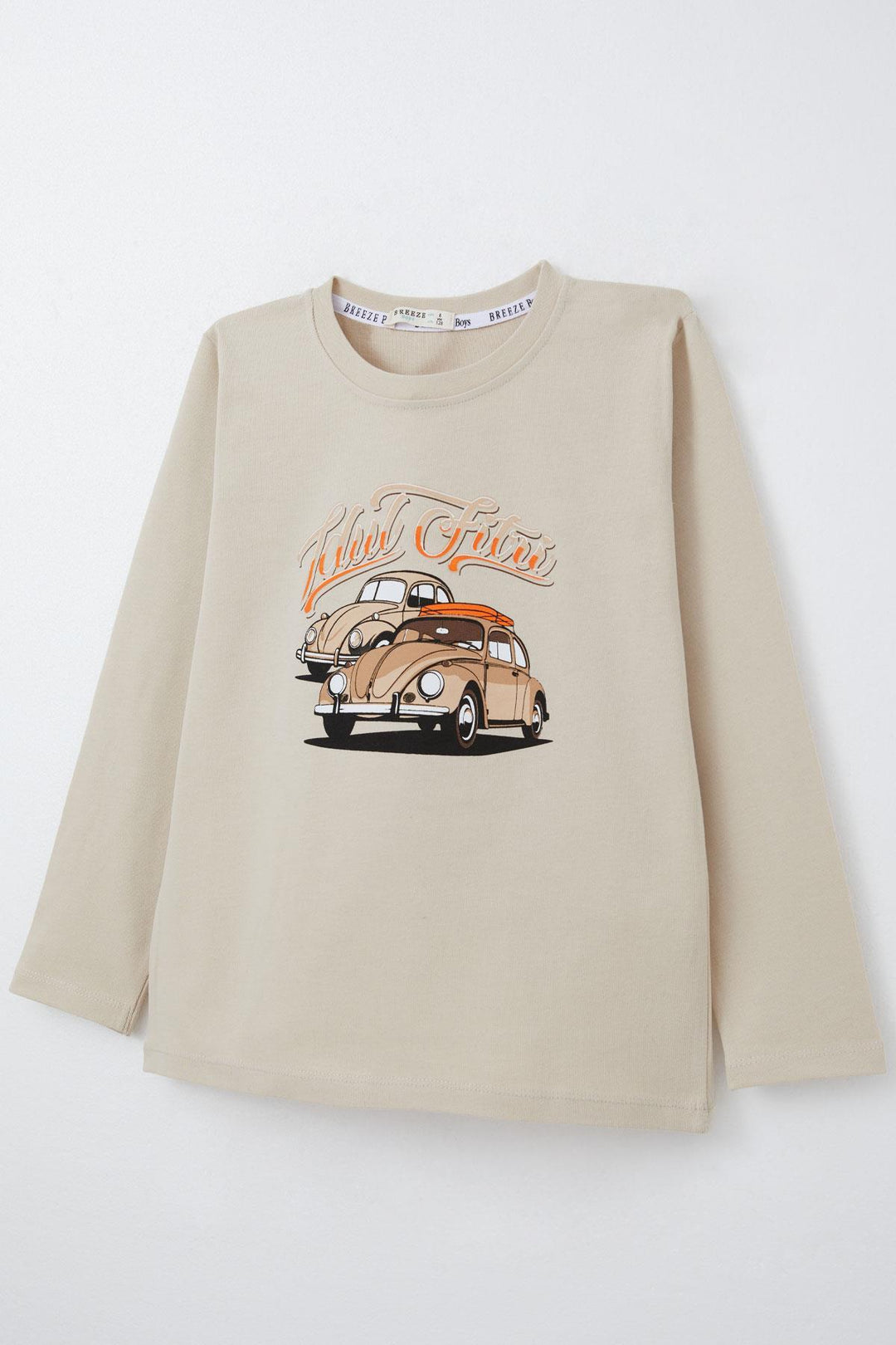 BRE Breeze Boys' Long Sleeve T-Shirt with Car Print, Beige, 4-8 Years - Euless