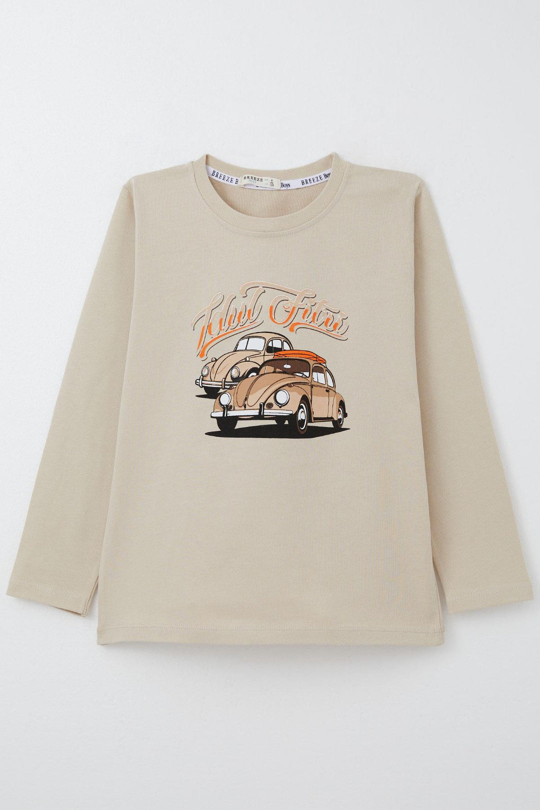 BRE Breeze Boys' Long Sleeve T-Shirt with Car Print, Beige, 4-8 Years - Euless