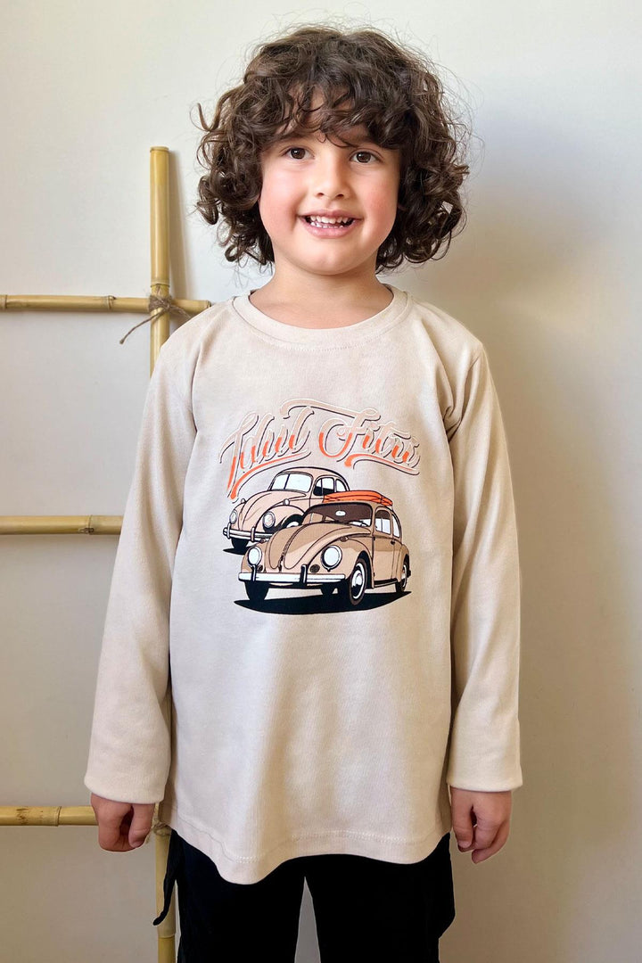 BRE Breeze Boys' Long Sleeve T-Shirt with Car Print, Beige, 4-8 Years - Euless