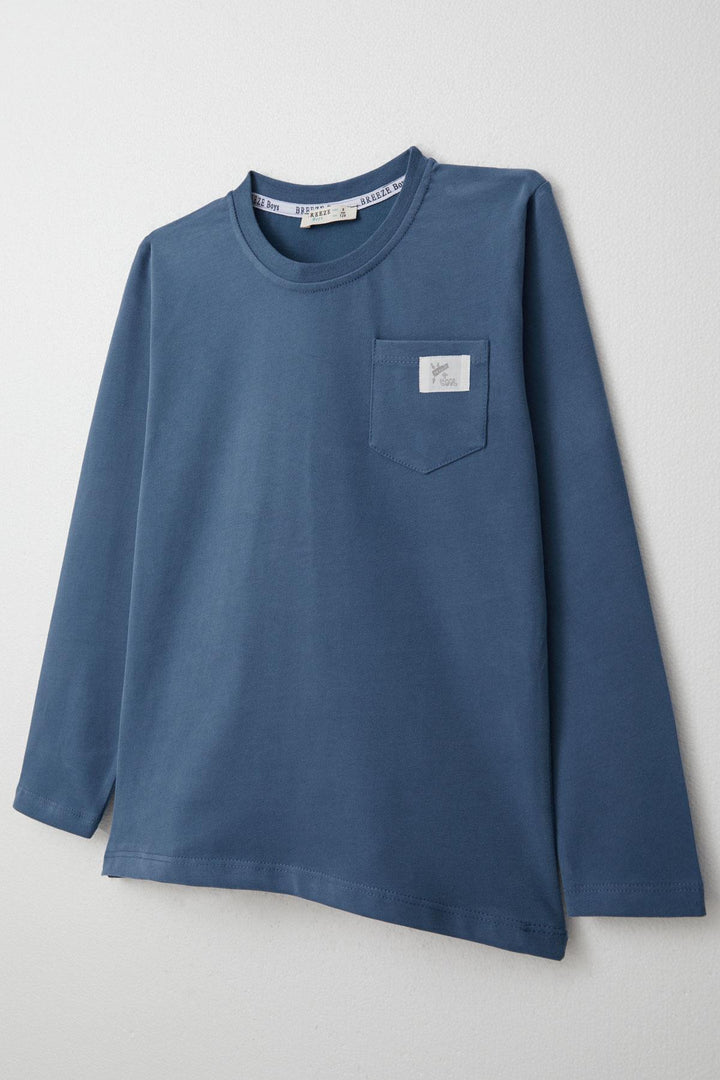BRE Breeze Boys' Long Sleeve T-Shirt with Cool Writing, Arm Patch Pocket, 4-8 Years, Indigo - Bartlett