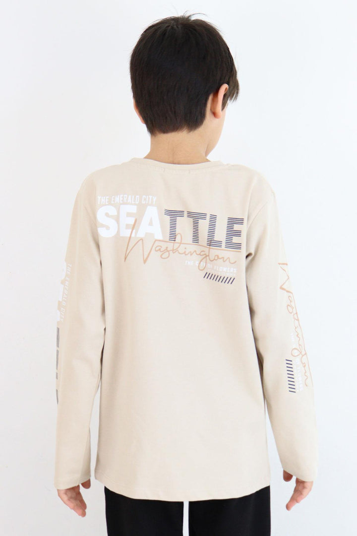 BRE Breeze Boys' Long Sleeve T-Shirt Colorful Printed Text 62 Years, Beige - Loughborough