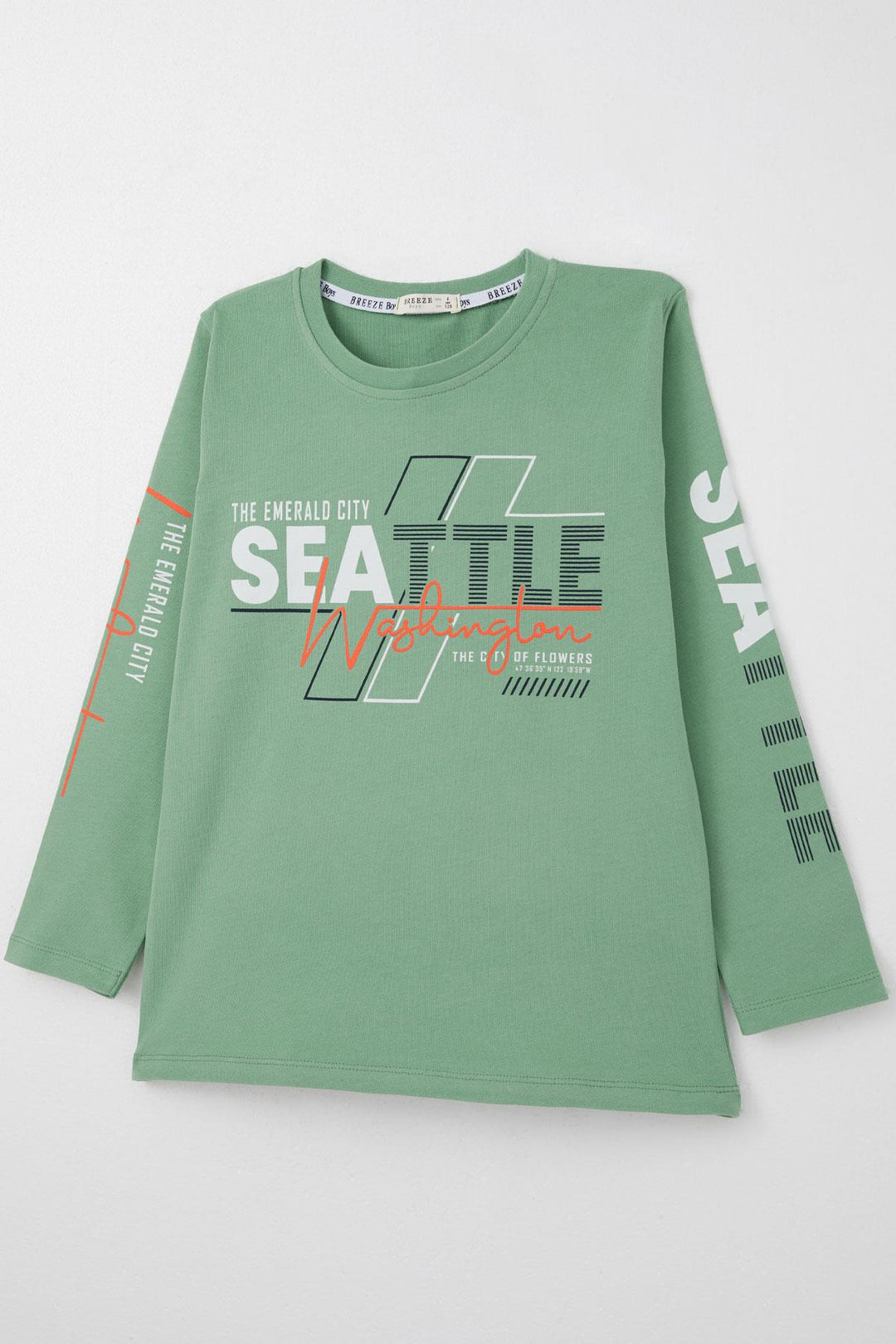 BRE Breeze Boys' Long Sleeve T-Shirt with Colorful Printed Text, 62 Years, Mint Green - West Sacramento