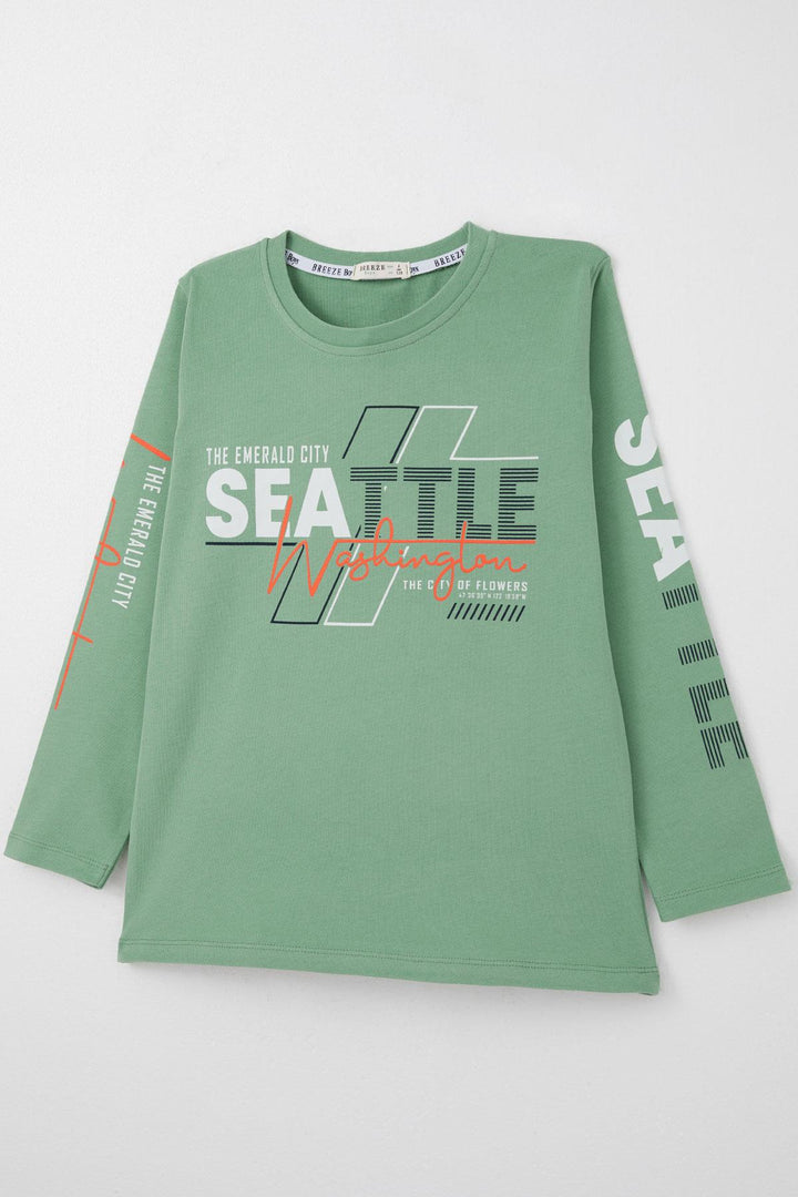 BRE Breeze Boys' Long Sleeve T-Shirt with Colorful Printed Text, 62 Years, Mint Green - West Sacramento