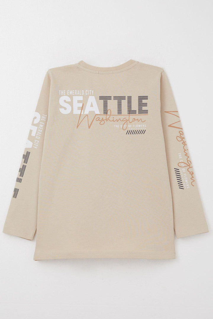 BRE Breeze Boys' Long Sleeve T-Shirt Colorful Printed Text 62 Years, Beige - Loughborough
