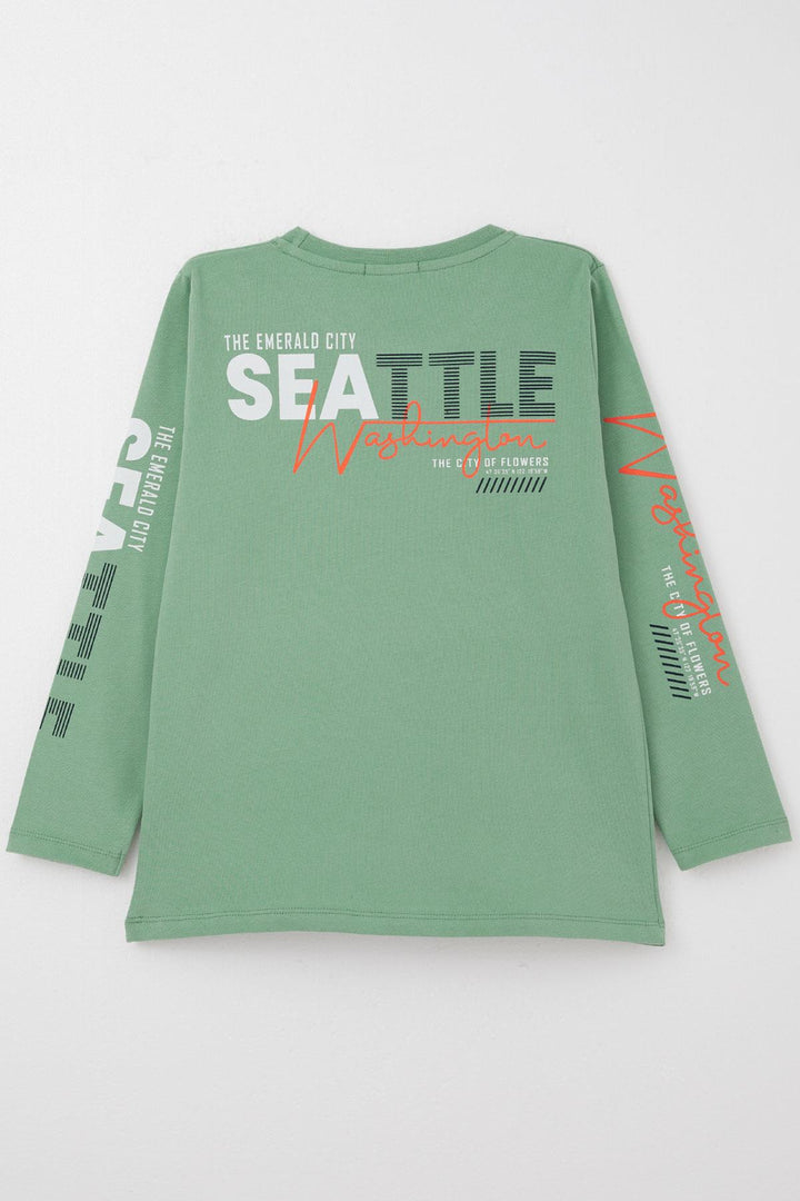 BRE Breeze Boys' Long Sleeve T-Shirt with Colorful Printed Text, 62 Years, Mint Green - West Sacramento