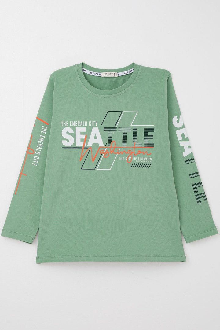 BRE Breeze Boys' Long Sleeve T-Shirt with Colorful Printed Text, 62 Years, Mint Green - West Sacramento