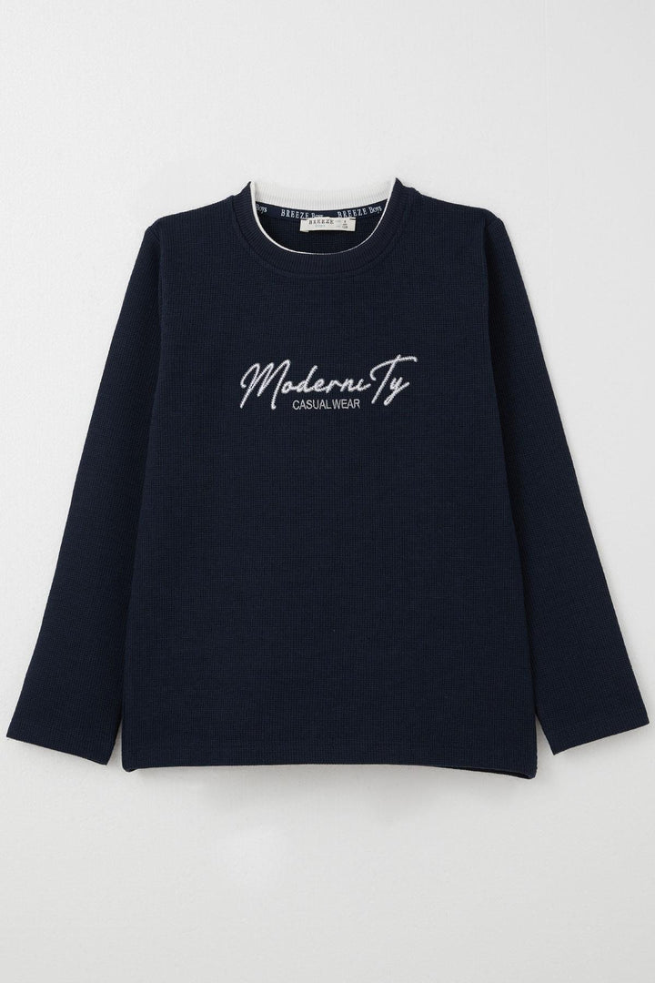 BRE Breeze Boys' Long Sleeve T-Shirt with Embroidered Writing, 84 Years, Navy Blue - Gallarate