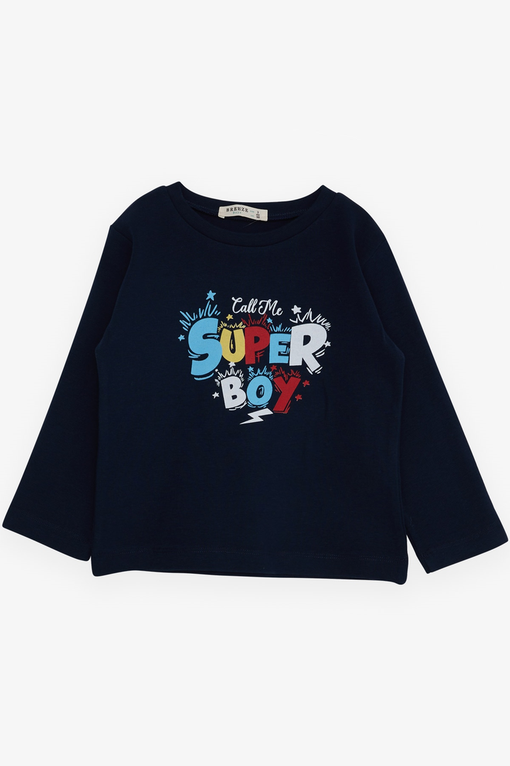 BRE Breeze Boys' Long Sleeve T-Shirt Printed with Text, 1-4 Years, Navy Blue - Braşov