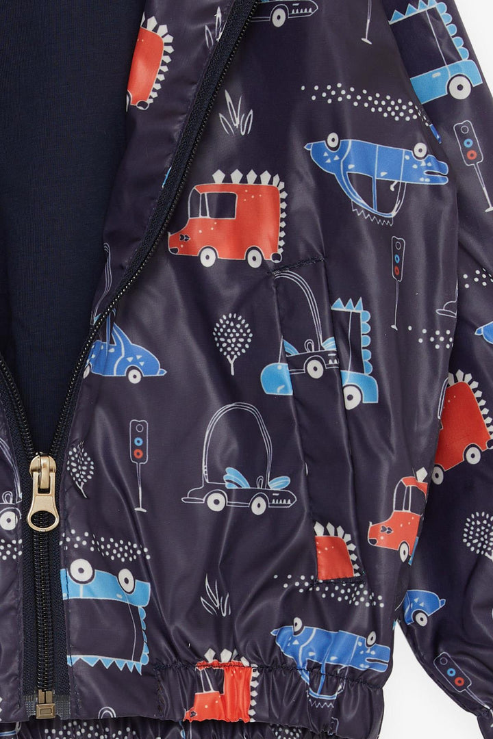BRE Breeze Boys' Raincoat Traffic Themed Vehicle Patterned 1-6 Years, Navy Blue - Rheine