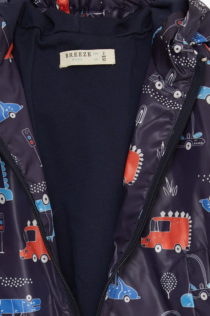 BRE Breeze Boys' Raincoat Traffic Themed Vehicle Patterned 1-6 Years, Navy Blue - Rheine