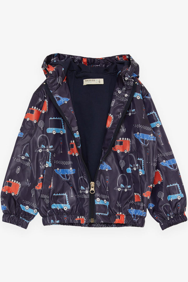 BRE Breeze Boys' Raincoat Traffic Themed Vehicle Patterned 1-6 Years, Navy Blue - Rheine