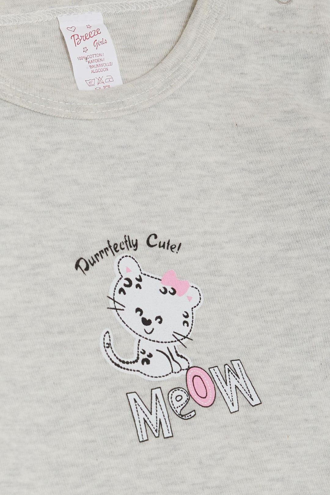 BRE Breeze Baby Girl Snap Bodysuit Cute Baby Cat Printed 9 Months-3 Years, Light Grey Melange - Satu Mare