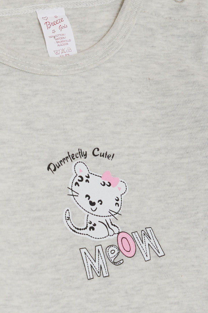 BRE Breeze Baby Girl Snap Bodysuit Cute Baby Cat Printed 9 Months-3 Years, Light Grey Melange - Satu Mare