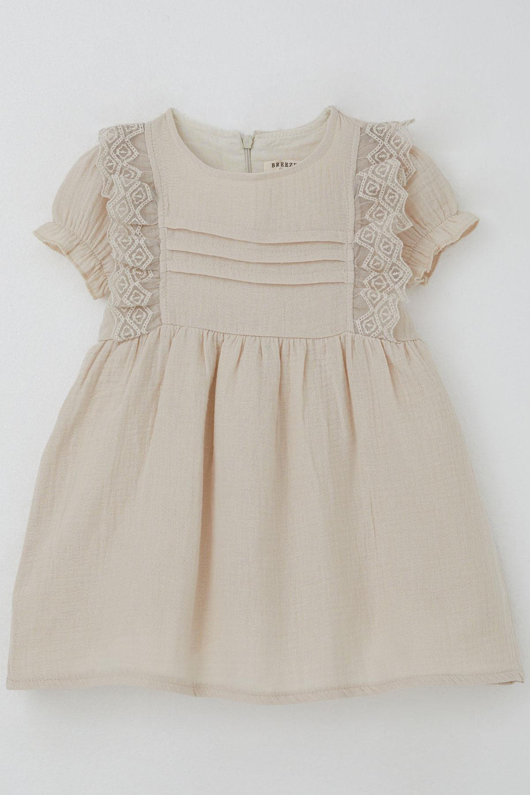 BRE Breeze Girl Baby Dress with Lace Detailed Shoulders Elastic Sleeves 9 Months-3 Years, Beige - Kallithéa