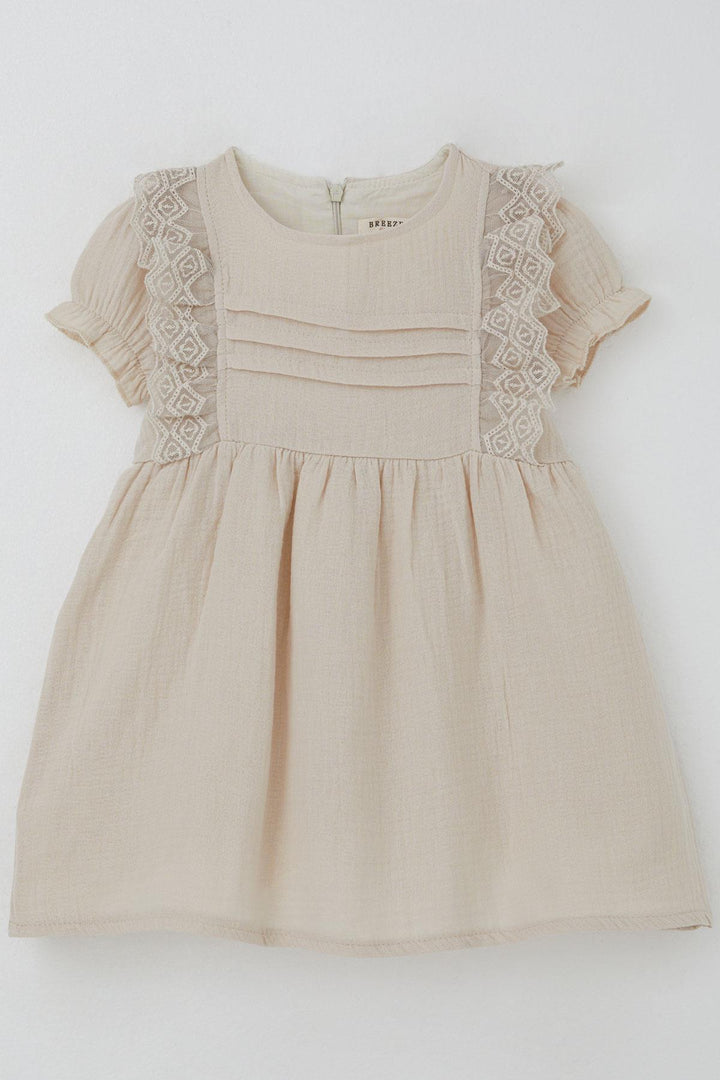 BRE Breeze Girl Baby Dress with Lace Detailed Shoulders Elastic Sleeves 9 Months-3 Years, Beige - Kallithéa