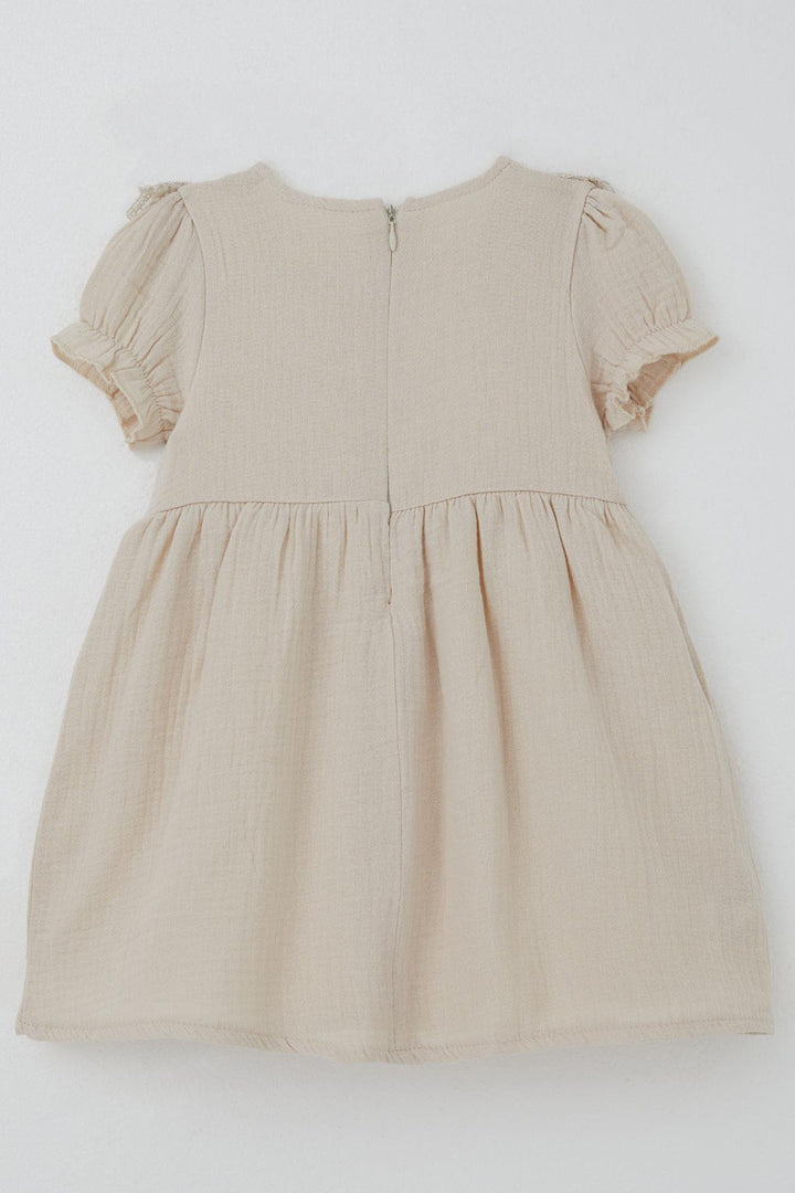 BRE Breeze Girl Baby Dress with Lace Detailed Shoulders Elastic Sleeves 9 Months-3 Years, Beige - Kallithéa