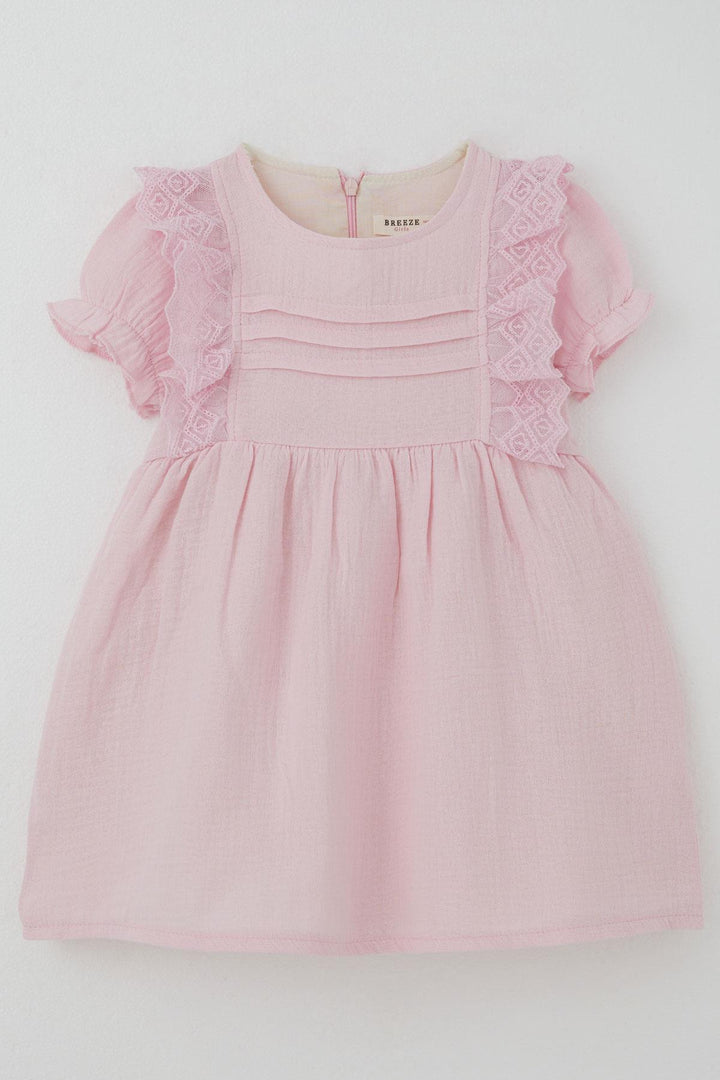 BRE Breeze Baby Girl Dress with Lace Detailed Shoulders and Elastic Sleeves 9 Months-3 Years, Pink - Winter Springs