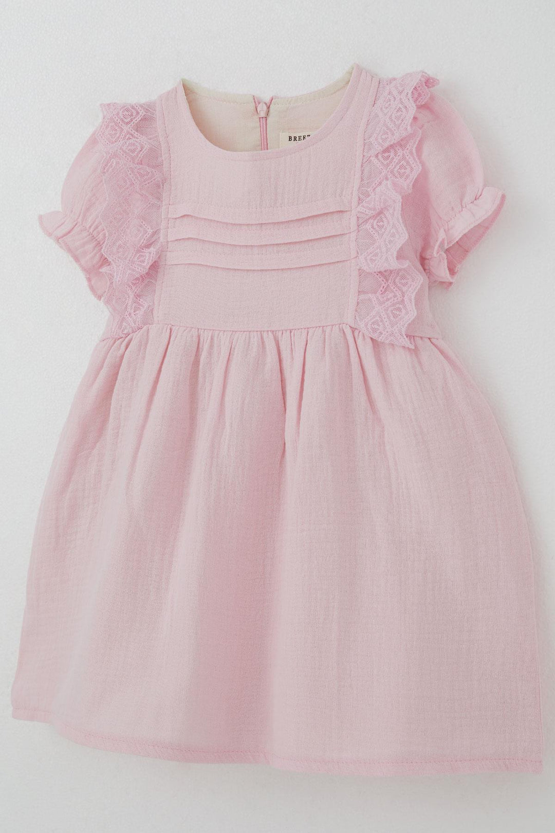 BRE Breeze Baby Girl Dress with Lace Detailed Shoulders and Elastic Sleeves 9 Months-3 Years, Pink - Winter Springs