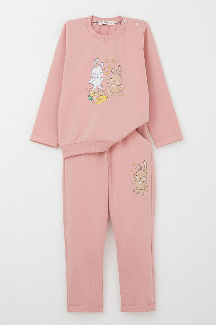 BRE Breeze Girl Baby Tracksuit Happy Friends Bunny Printed Floral 9 Months-3 Years, Pink - Stains