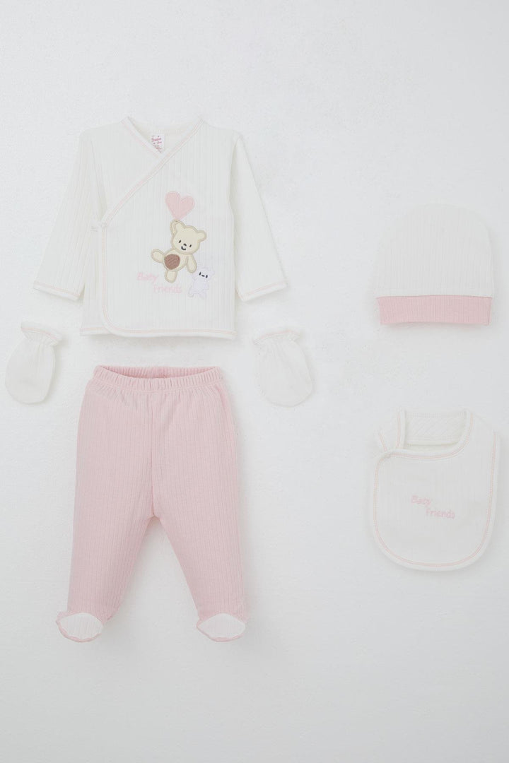 BRE Breeze Baby Girl Hospital Outfit 5 Piece Baby Bear Embroidered Heart 0-3 Months, White - Southfield