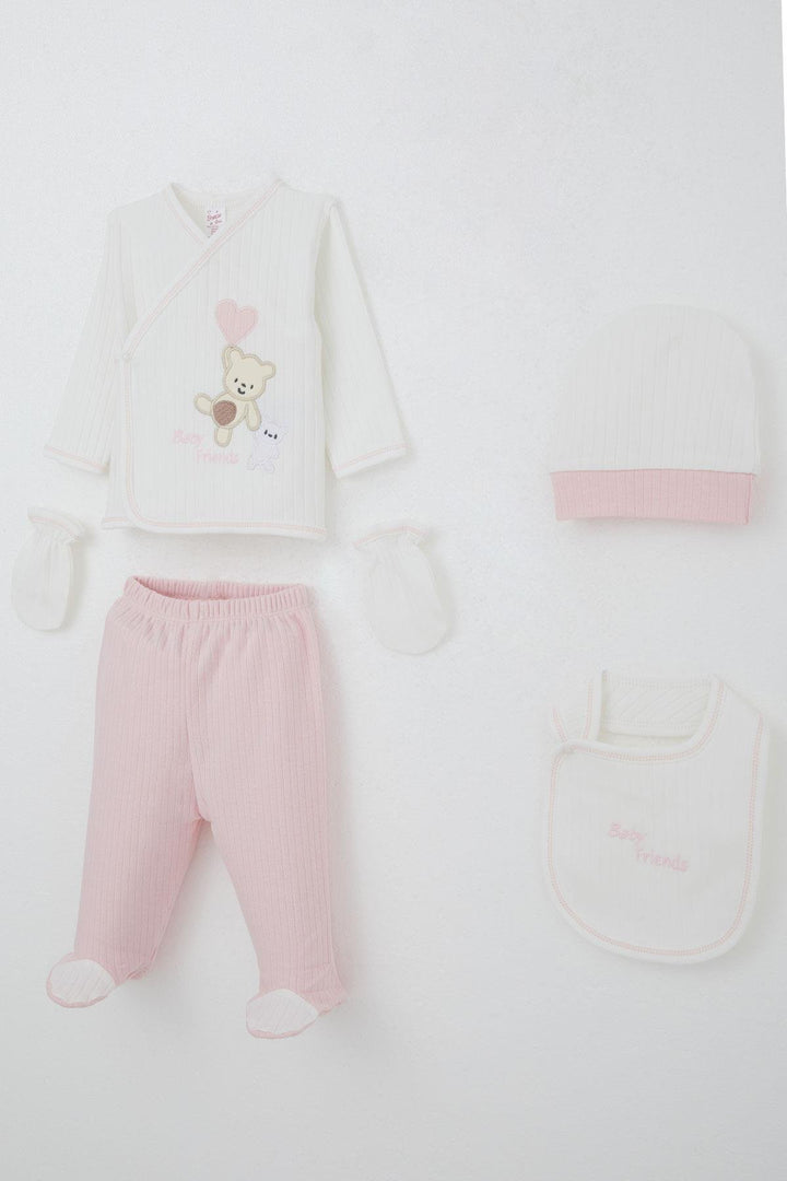 BRE Breeze Baby Girl Hospital Outfit 5 Piece Baby Bear Embroidered Heart 0-3 Months, White - Southfield