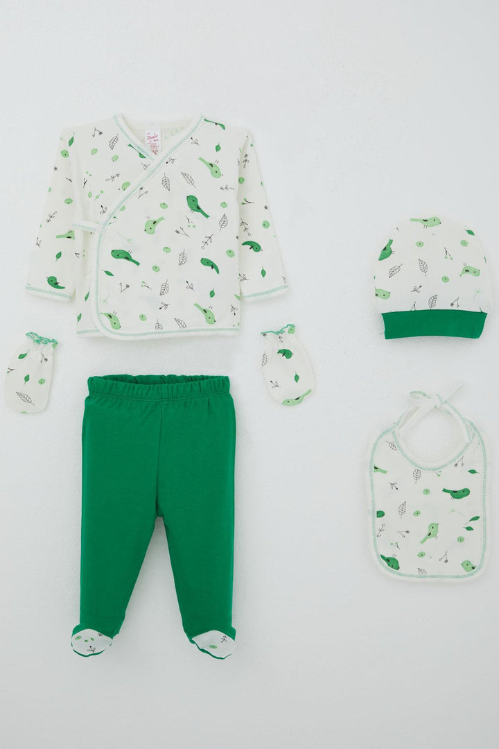 BRE Breeze Baby Girl Hospital Outfit 5-Piece Spring Themed Cute Little Sparrow Patterned 0-3 Months, Ecru - Manhattan