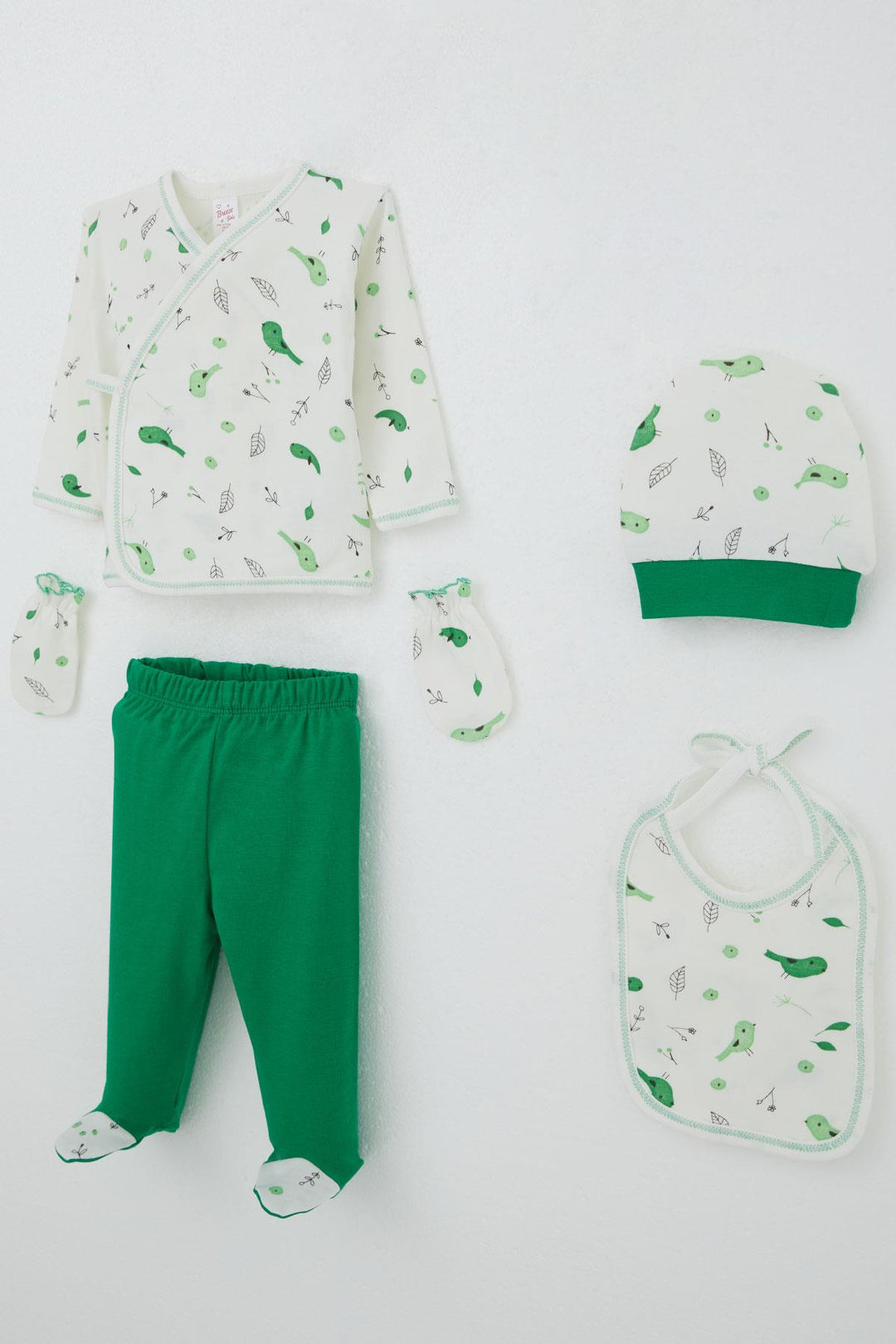 BRE Breeze Baby Girl Hospital Outfit 5-Piece Spring Themed Cute Little Sparrow Patterned 0-3 Months, Ecru - Manhattan