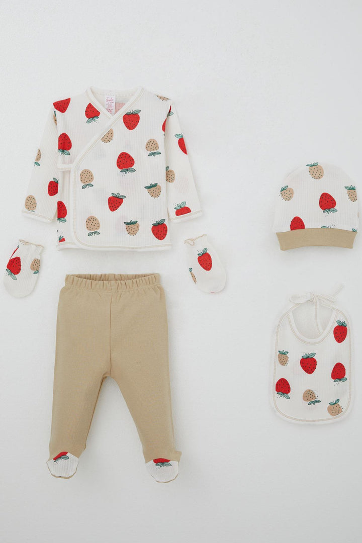 BRE Breeze Baby Girl Hospital Outfit 5-Piece Strawberry Garden Patterned 0-3 Months, Ecru - Viersen